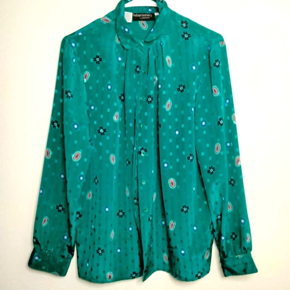 Haberdashery (Size 12) Teal Artsy Print Vintage Button Down Blouse